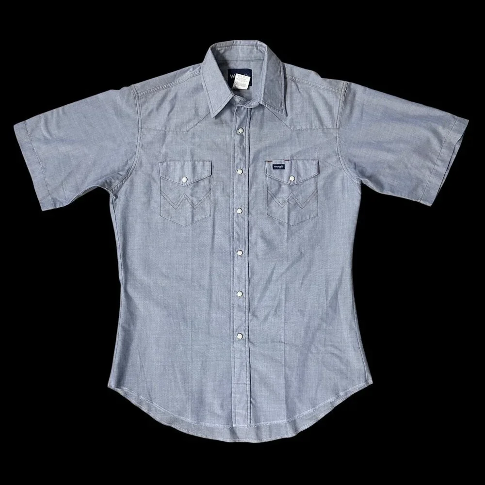 Vintage Western Pearl Snap Shirt Blue Short Sleeve Wrangler Cowboy Retro 15.5 - Picture 2 of 7